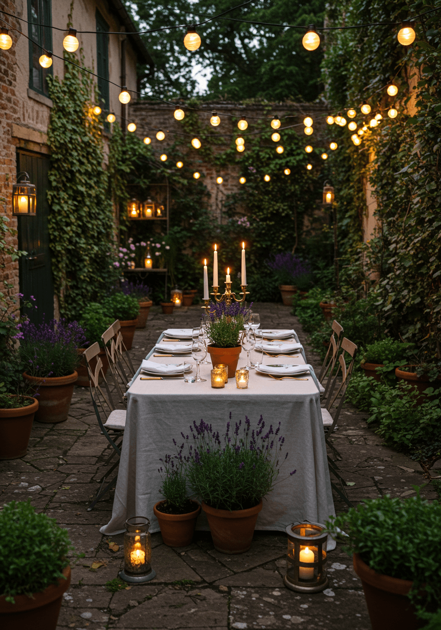 Elegant dining table for six with herb pots and string lights in secluded garden courtyard at twilight