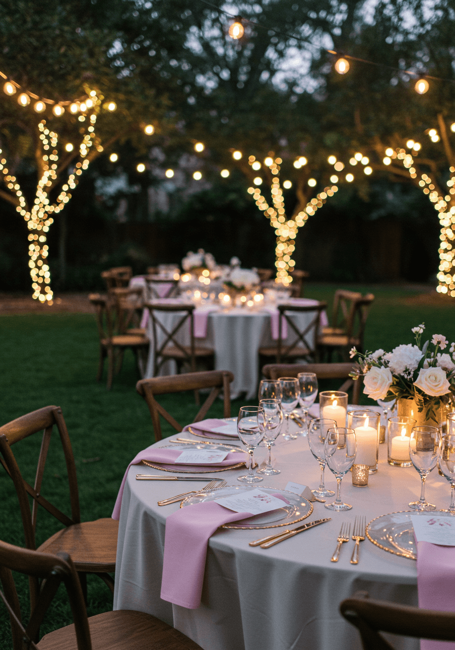 Round table with fine china and crystal under string lights on manicured lawn at twilight