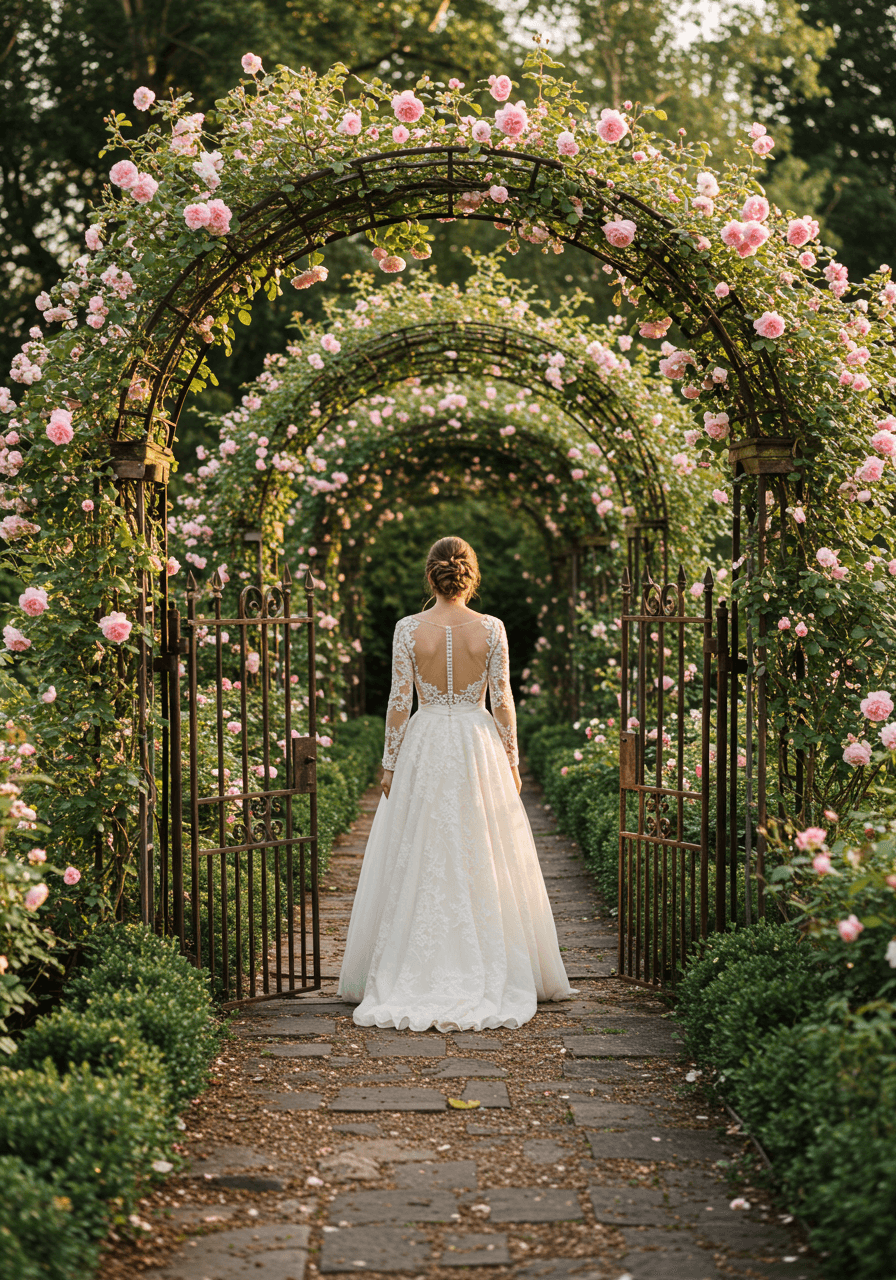 Bride in flowing lace dress walking through garden path with wrought iron gates and climbing roses