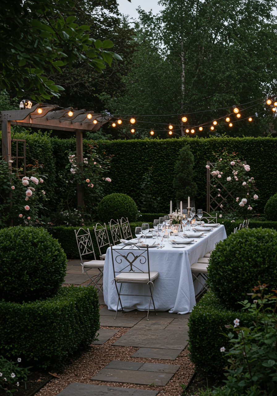 Elegant patio tablescape with crystal glassware surrounded by manicured garden landscaping at twilight