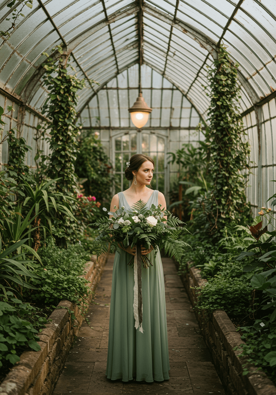 Bride with botanical bouquet in glass conservatory surrounded by exotic plants and climbing ivy