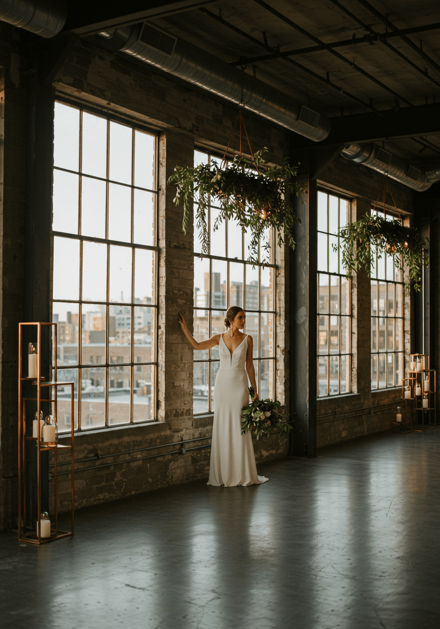Bride in minimalist dress beside industrial windows in loft with exposed concrete and metal framework