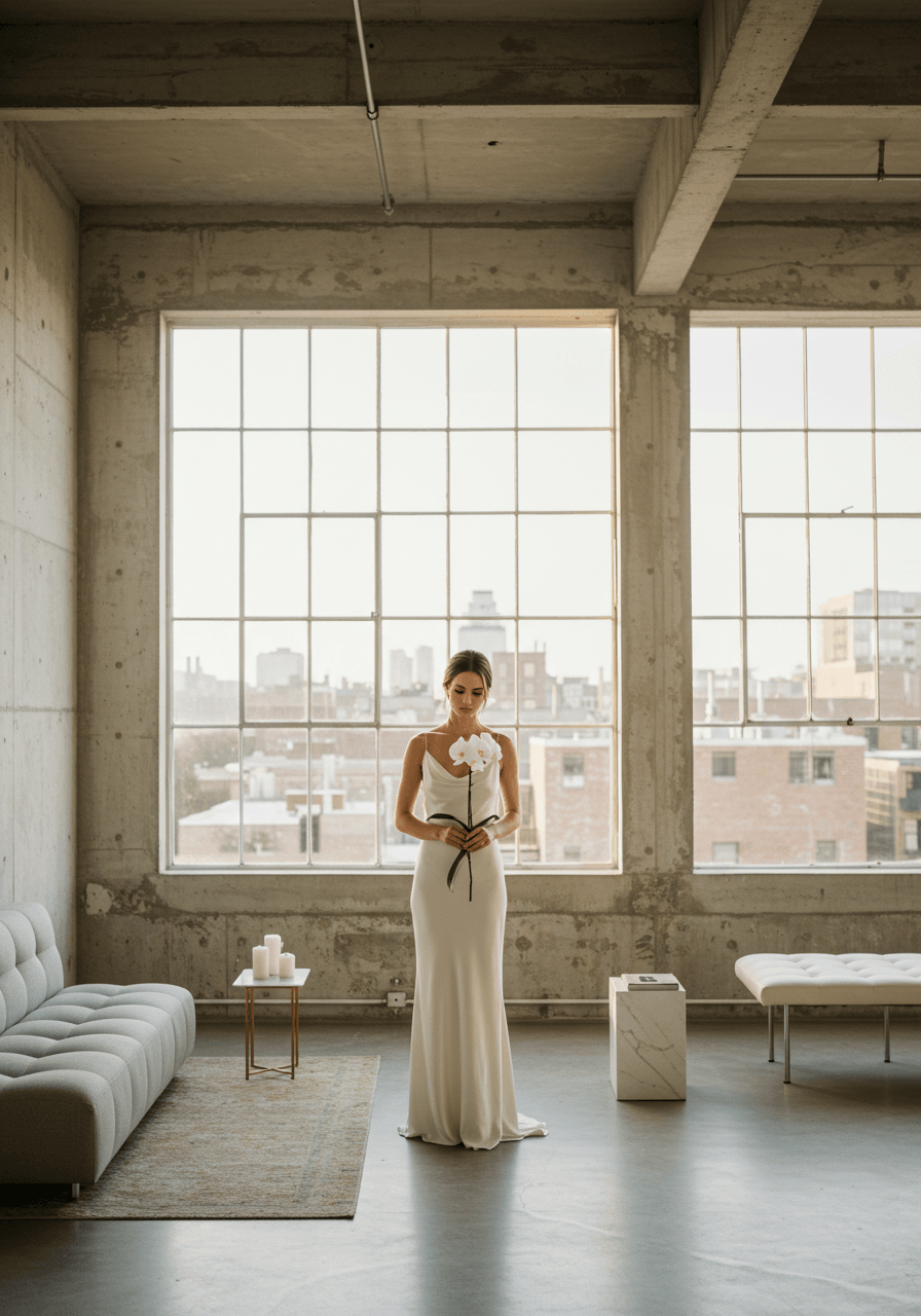 Bride in sleek silk slip dress with white orchid in minimalist loft with concrete beams