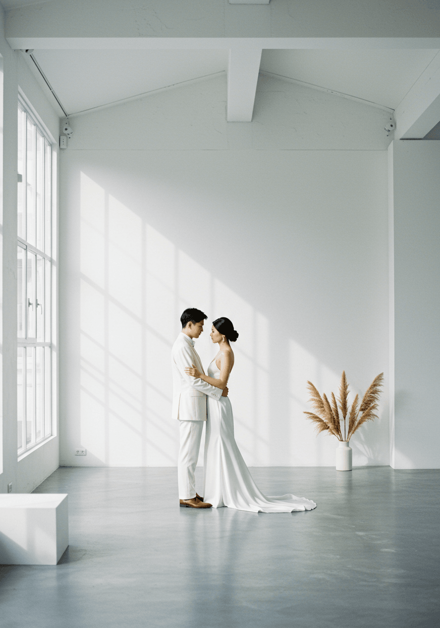 Minimalist couple embracing in modern gallery space with white walls and concrete floors