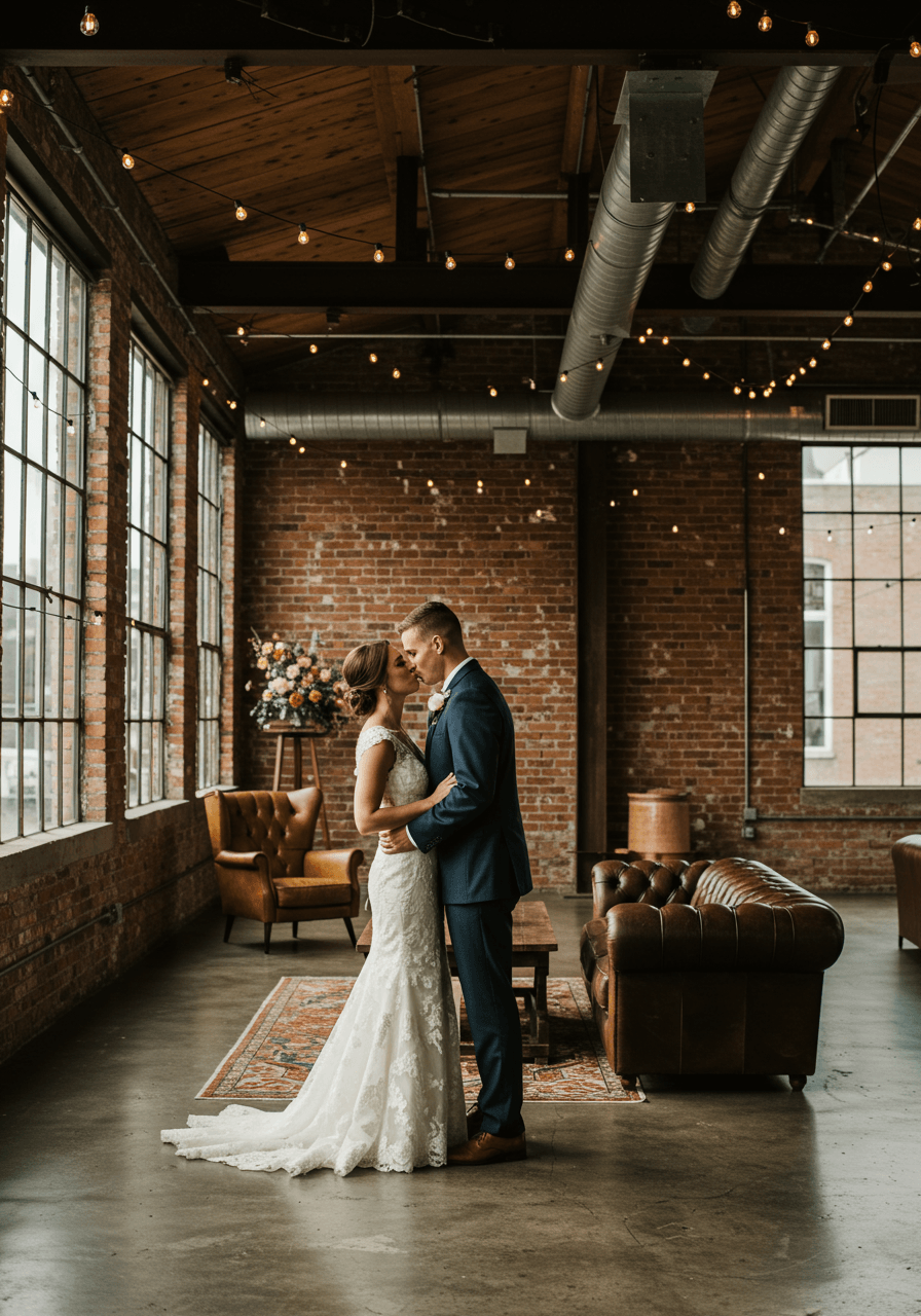 Newlywed couple sharing intimate moment in converted warehouse with exposed brick walls and steel beams