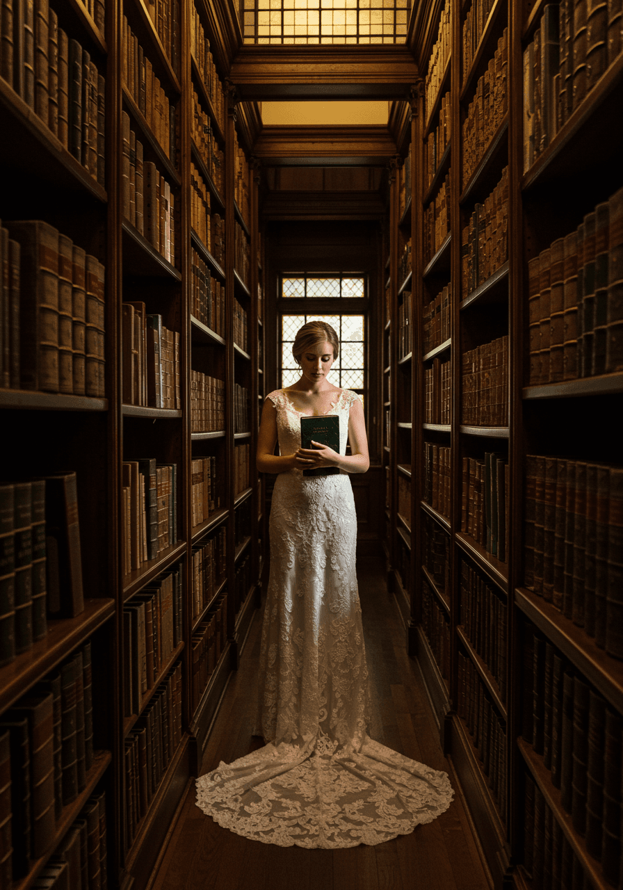 Bride in elegant lace dress holding vintage book amongst mahogany bookshelves in historic library