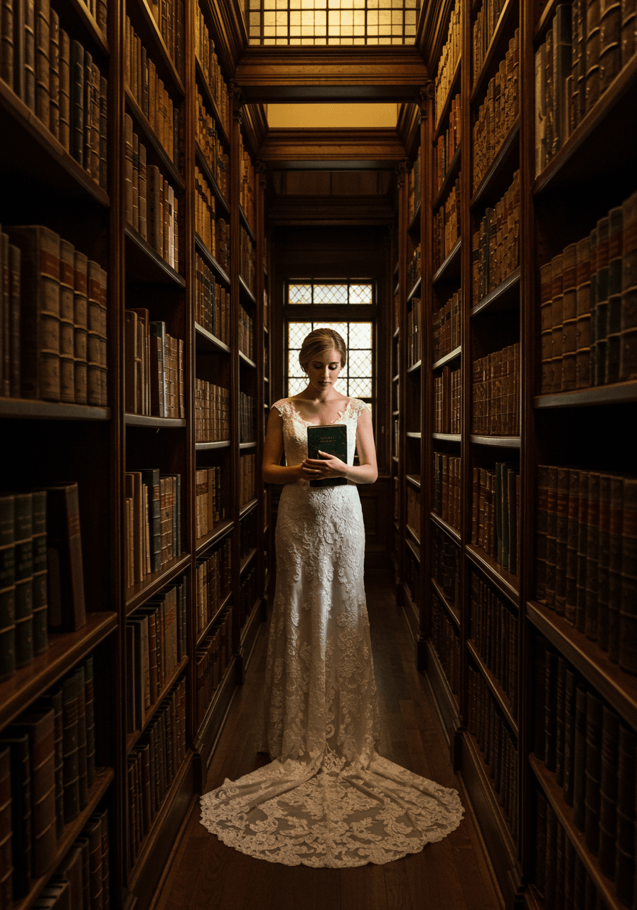 Bride in elegant lace dress holding vintage book amongst mahogany bookshelves in historic library