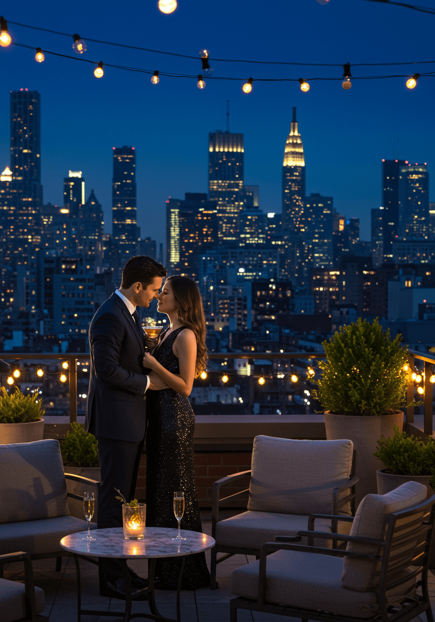 Elegant couple on rooftop terrace with champagne glasses overlooking glittering city skyline at twilight