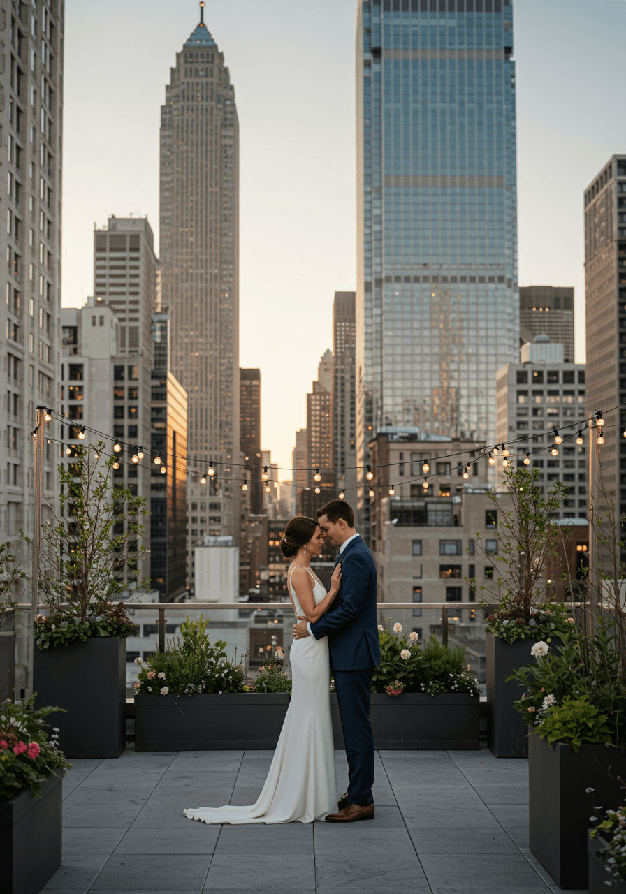 Bride and groom embracing on rooftop garden with city architecture and string lights at golden hour