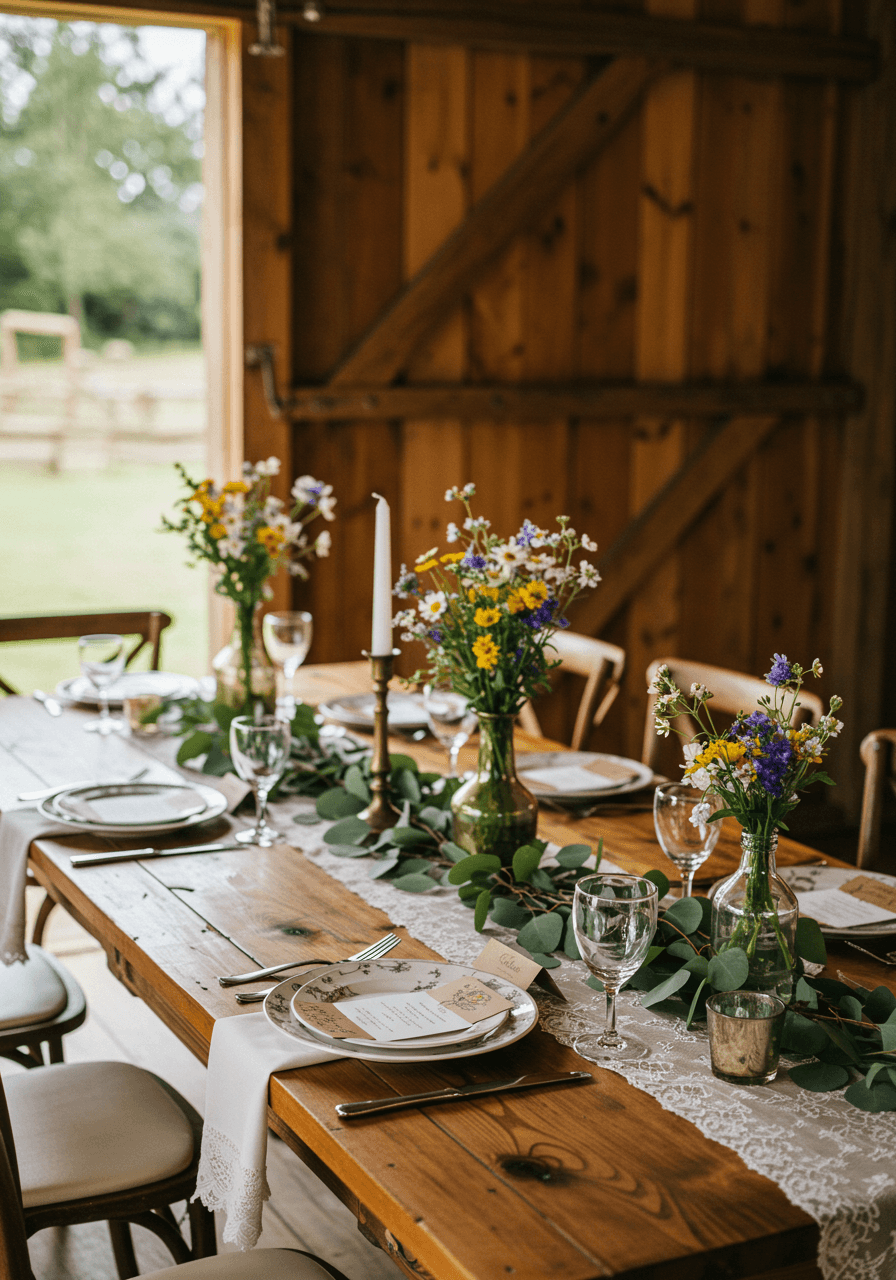 Intimate farm table with vintage mismatched china and wildflower centrepieces in converted barn