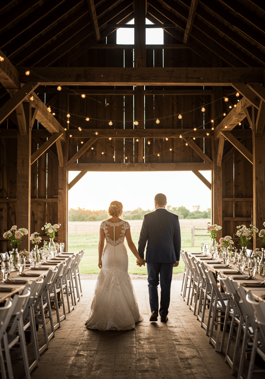 Couple walking through rustic barn with string lights and wildflower arrangements during golden hour