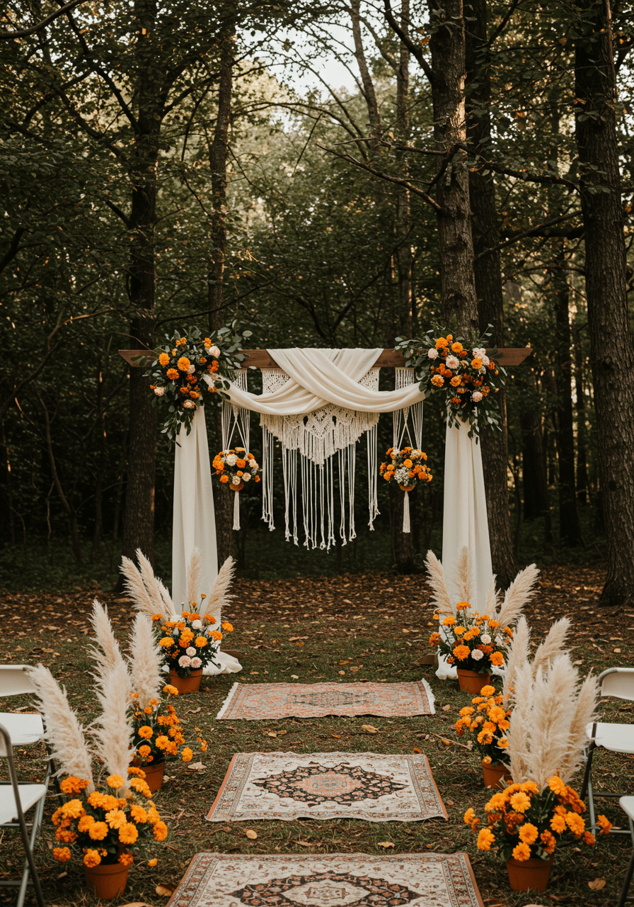 Rustic wooden altar with macramé backdrop and terra cotta pot arrangements in forest clearing