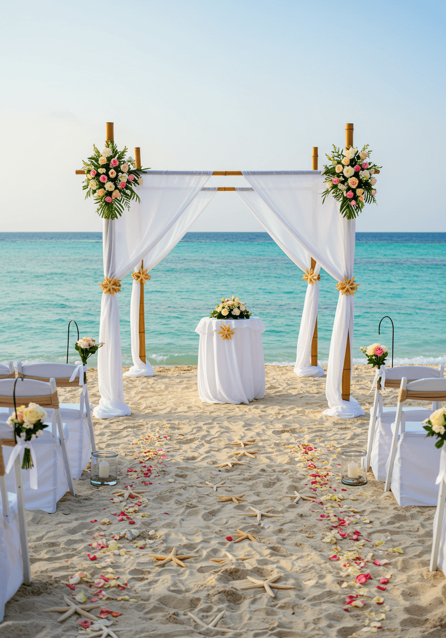 Intimate beach ceremony setup with white fabric draping and starfish decorations in secluded cove