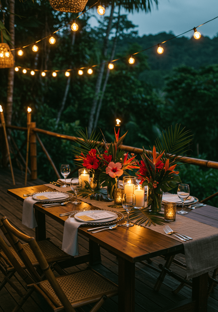 Intimate reception table on wooden deck overlooking tropical jungle with exotic flowers and string lights