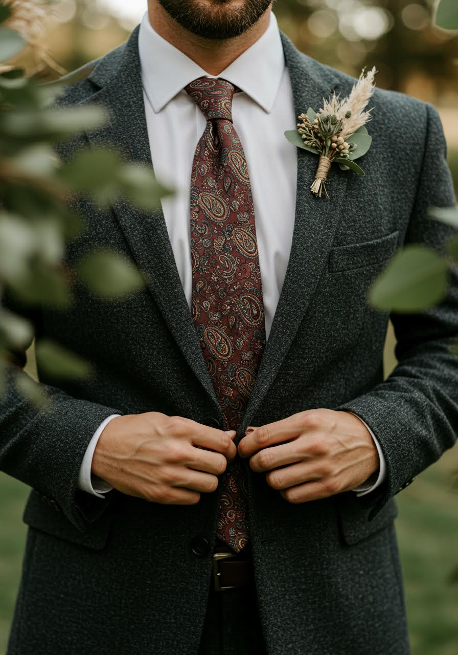 Groom in charcoal textured suit with suspenders at outdoor ceremony space