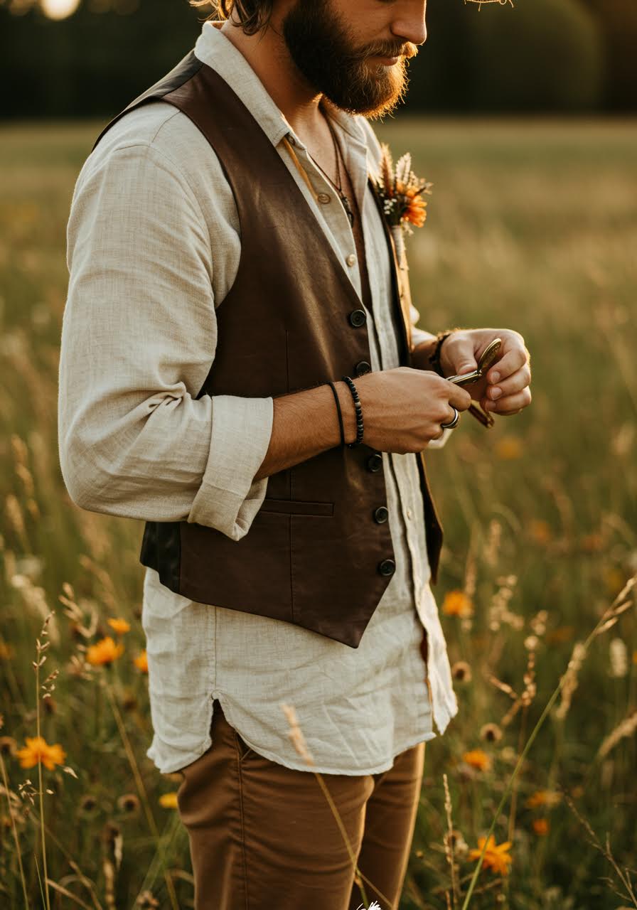 Groom adjusting vintage pocket watch chain on waistcoat in golden meadow setting