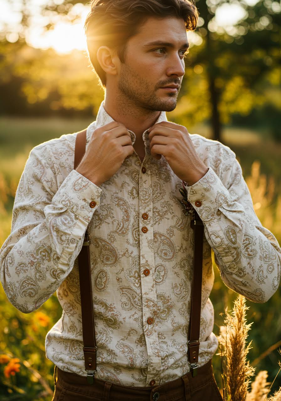 Close-up of groom adjusting paisley patterned shirt collar in golden meadow light