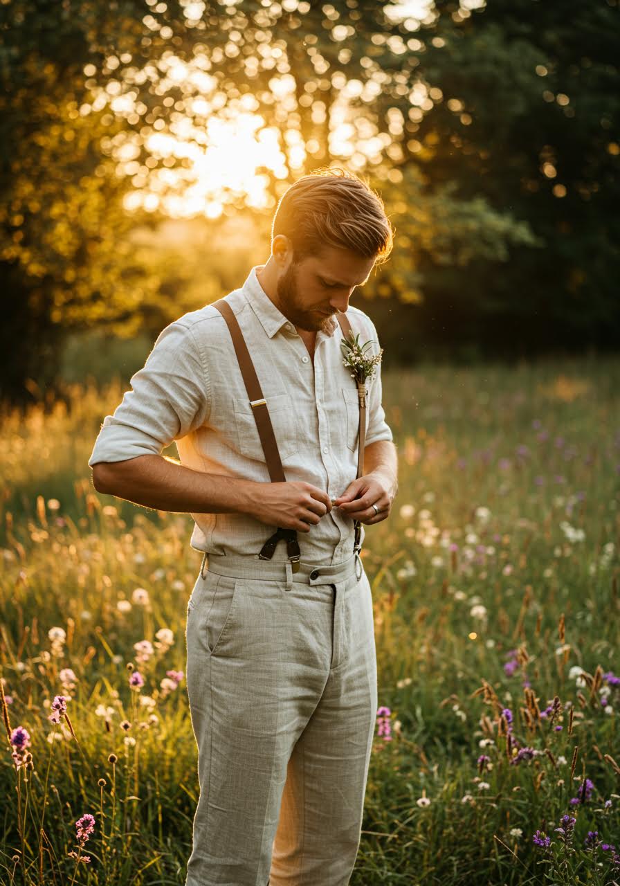 Groom adjusting organic cotton suspenders in golden meadow with sustainable styling