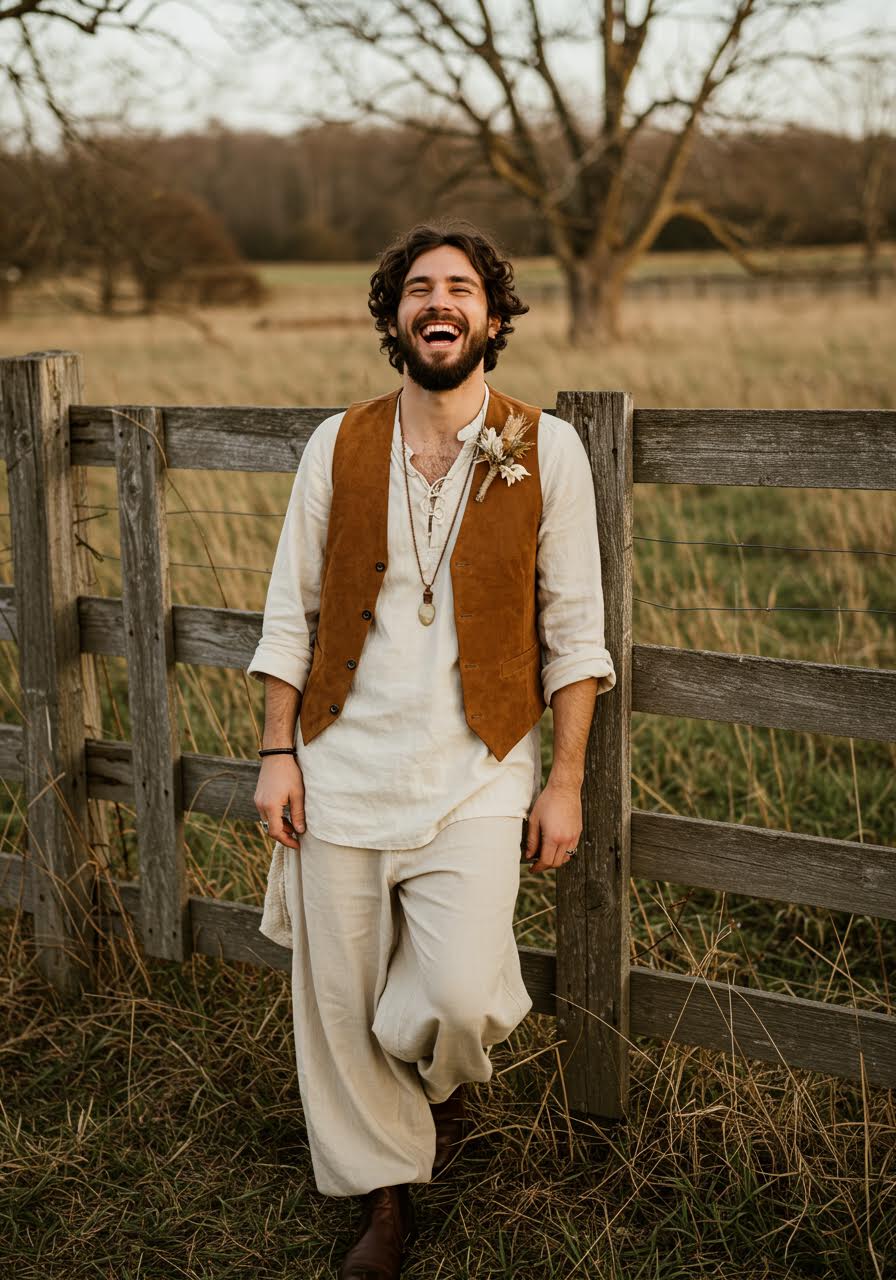 Laughing groom leaning against wooden fence wearing casual vest and flowing shirt
