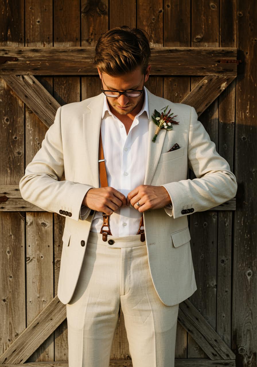 Groom adjusting leather suspenders over cream linen shirt in golden countryside light