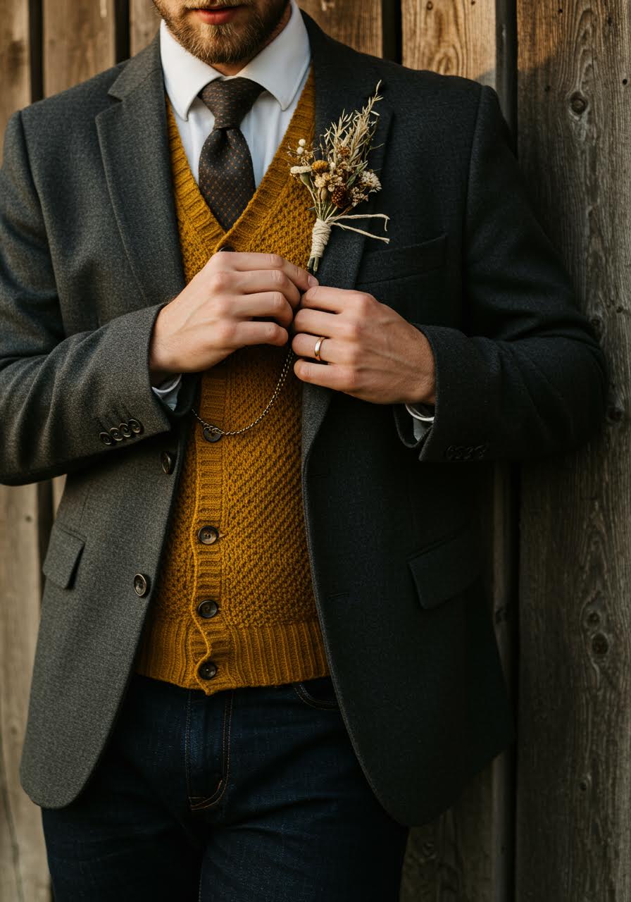 Groom adjusting wildflower boutonniere on vintage suit lapel against barn wood