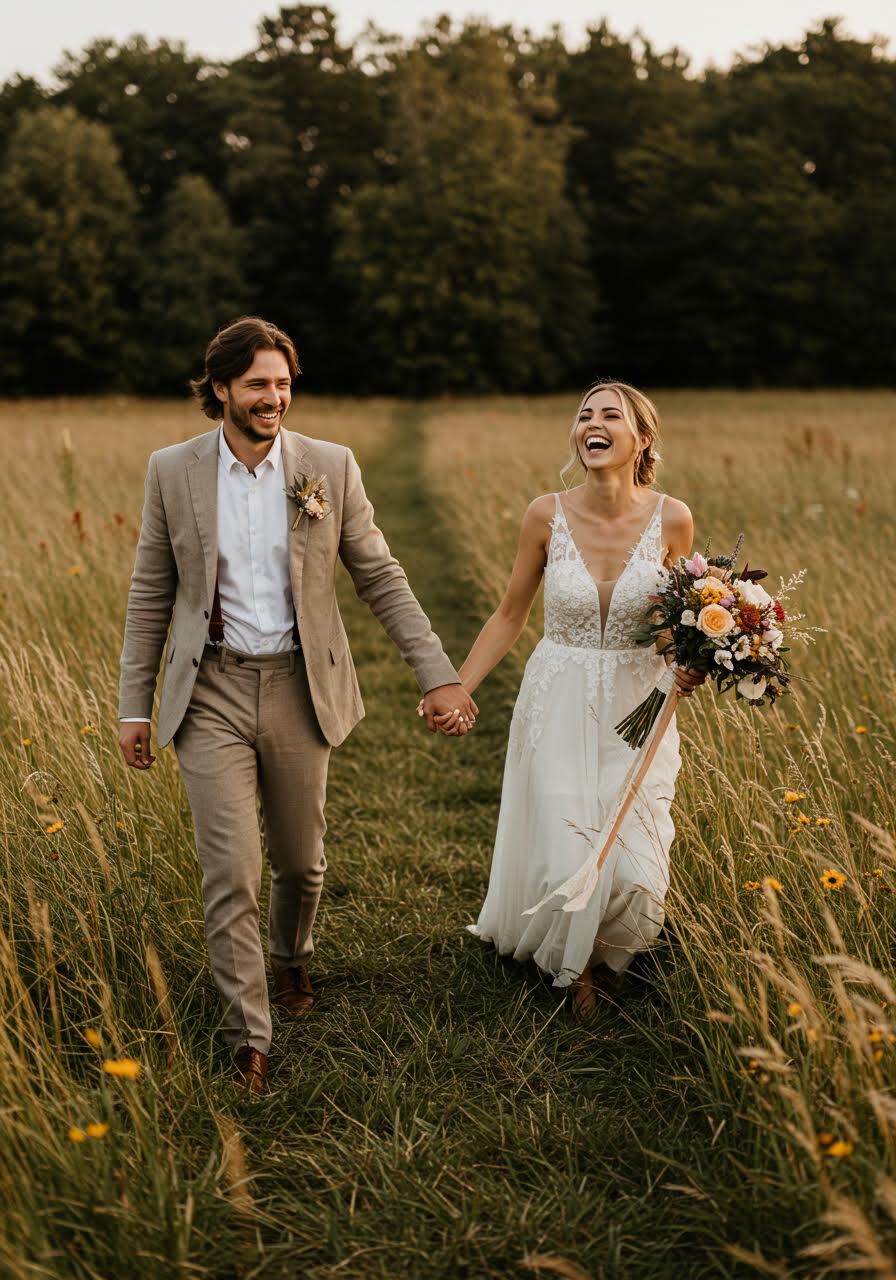 Couple embracing in wildflower meadow with groom in linen suspender ensemble
