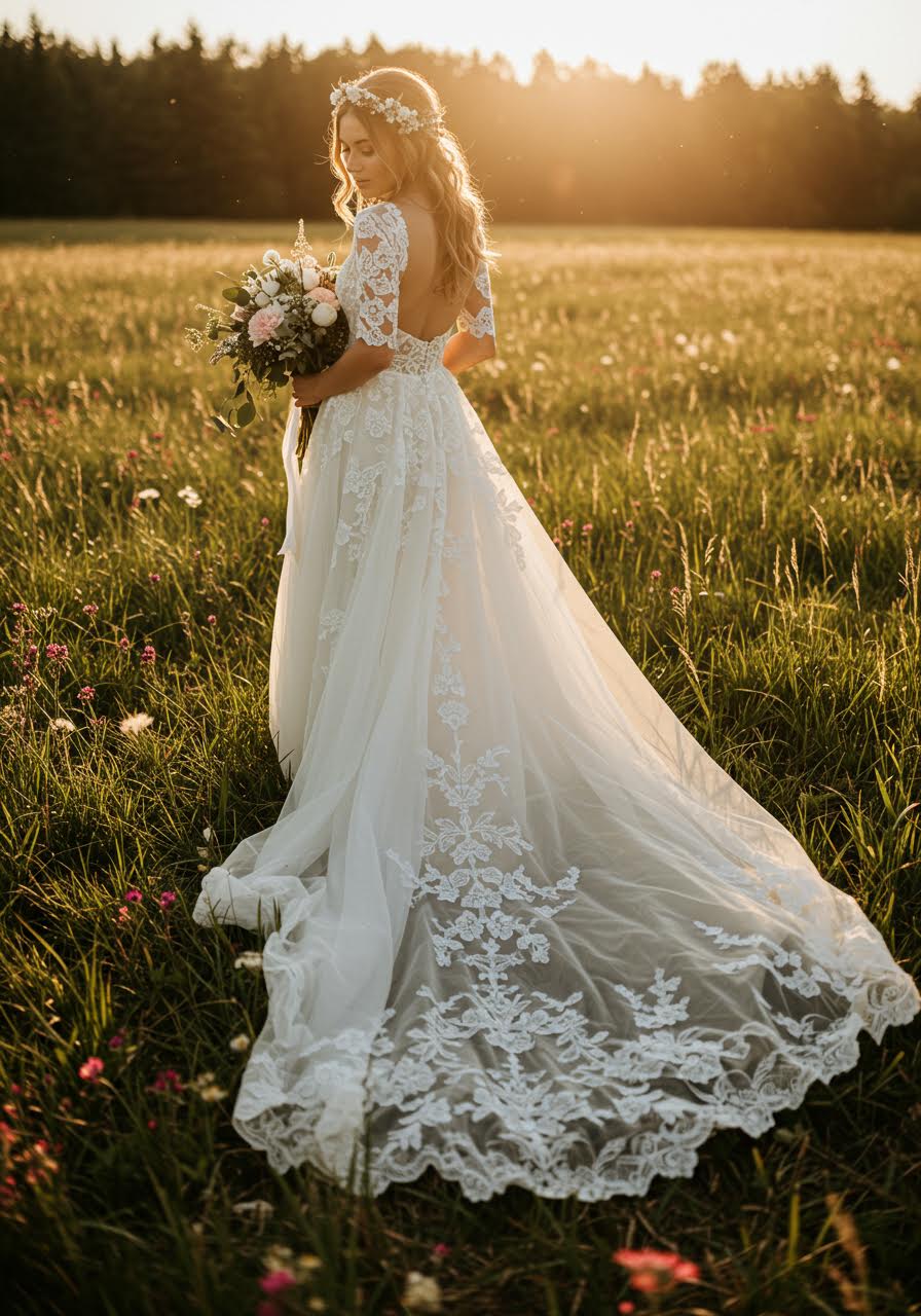 Bohemian bride with elaborate cathedral train adorned with lace appliqués in meadow setting