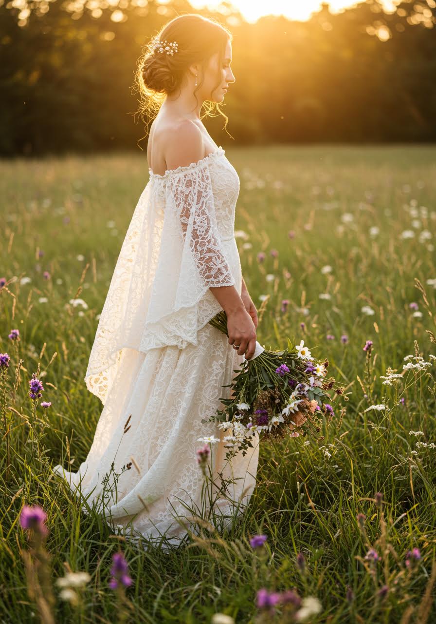 Bohemian bride in off-shoulder dress with lace sleeves surrounded by wildflowers during golden hour