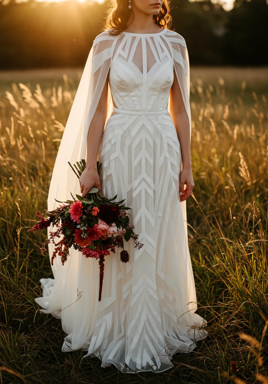 Boho bride in dramatic dress with geometric cutouts and flowing cape sleeves in meadow setting