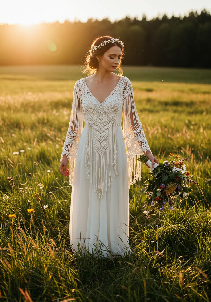 Bohemian bride in floor-length dress with intricate macramé lace sleeves in sunlit wildflower meadow