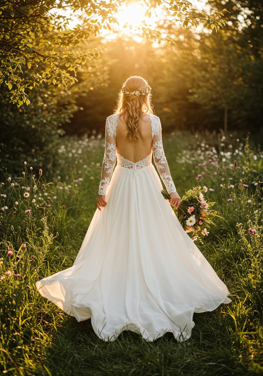 Boho bride showing backless wedding dress detail in sunlit garden meadow at golden hour