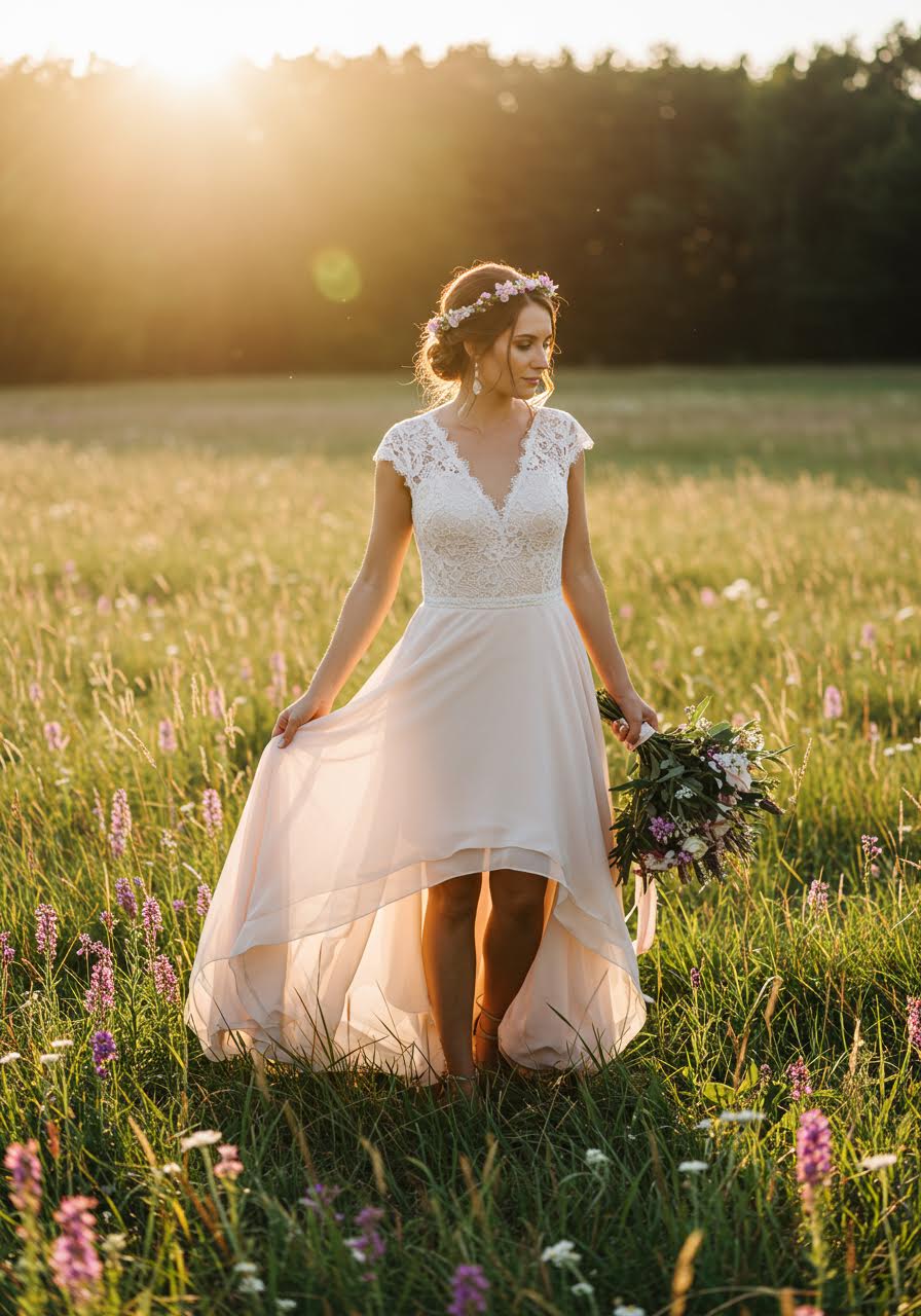 Bride in high-low boho dress with lace bodice and asymmetrical hem in sun-dappled meadow