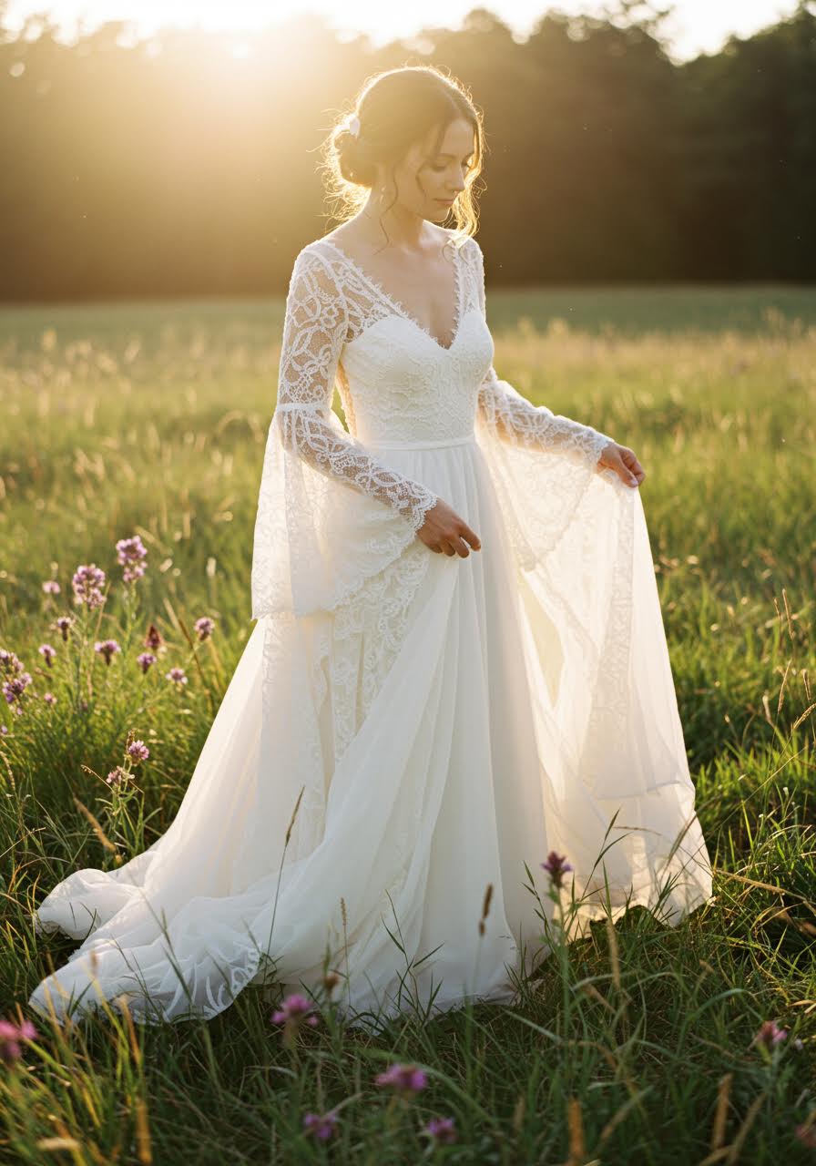 Bride in flowing bohemian dress with dramatic bell sleeves in sunlit wildflower meadow