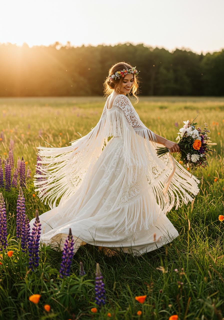 Boho bride dancing in wedding dress with intricate fringe details in sunlit wildflower meadow