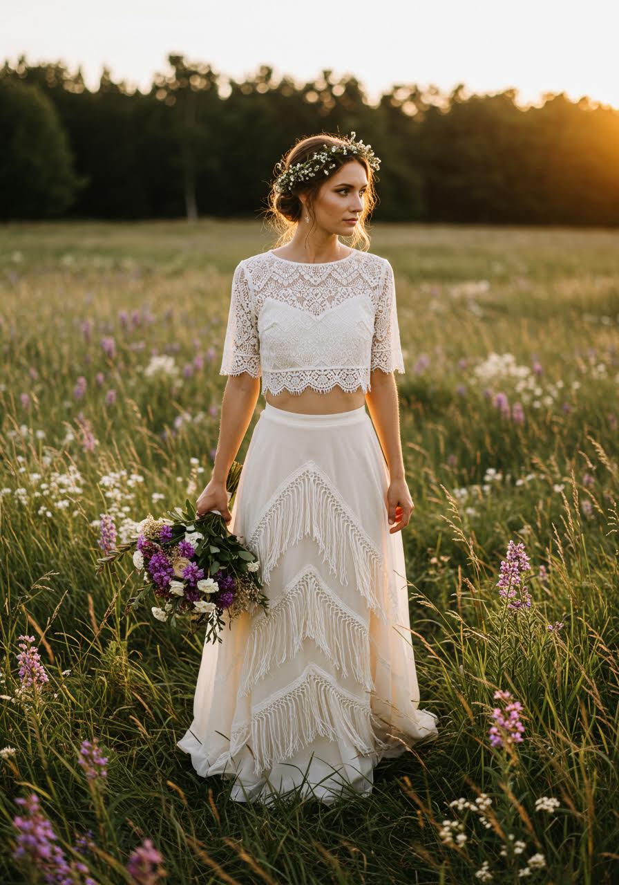 Bride in two-piece boho wedding ensemble with lace crop top in wildflower meadow