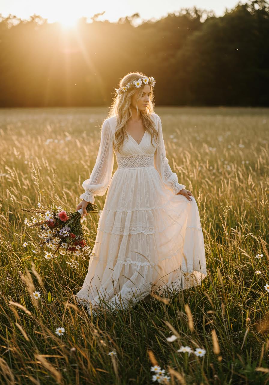Bride in peasant-style boho dress with billowing sleeves and multi-tiered skirt in wildflower meadow
