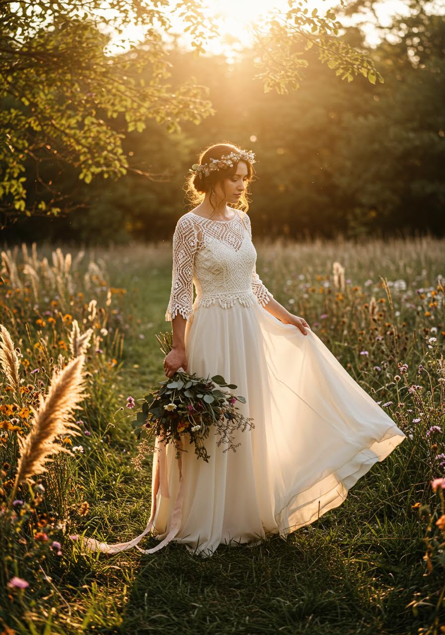 Vintage-inspired boho bride in crochet lace dress standing in sun-dappled garden clearing