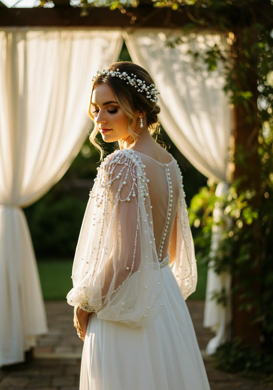 Bride in pearlescent boho dress with statement sleeves featuring pearl embellishments in garden pavilion