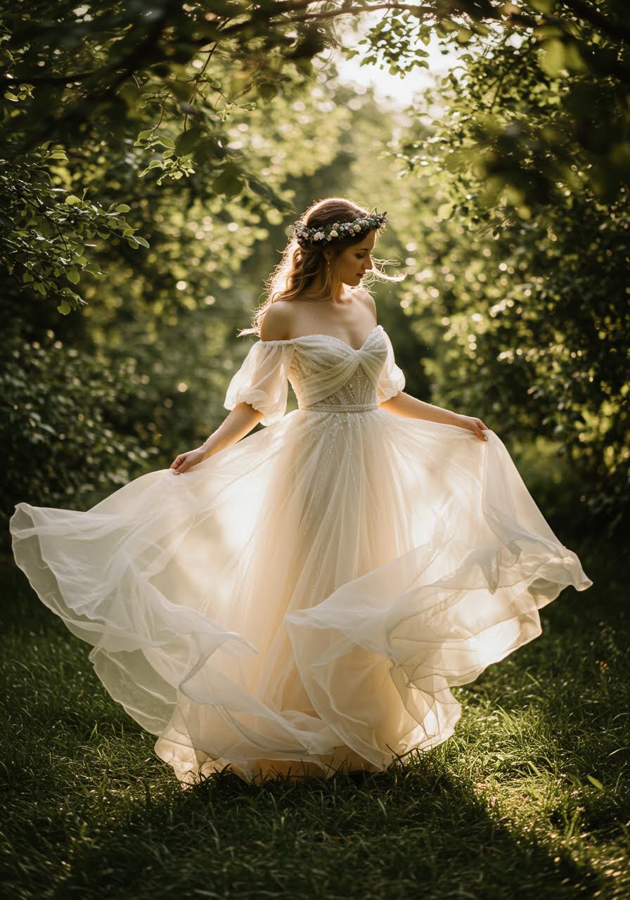 Bride in sheer boho dress with ethereal chiffon overlays twirling in enchanted forest clearing