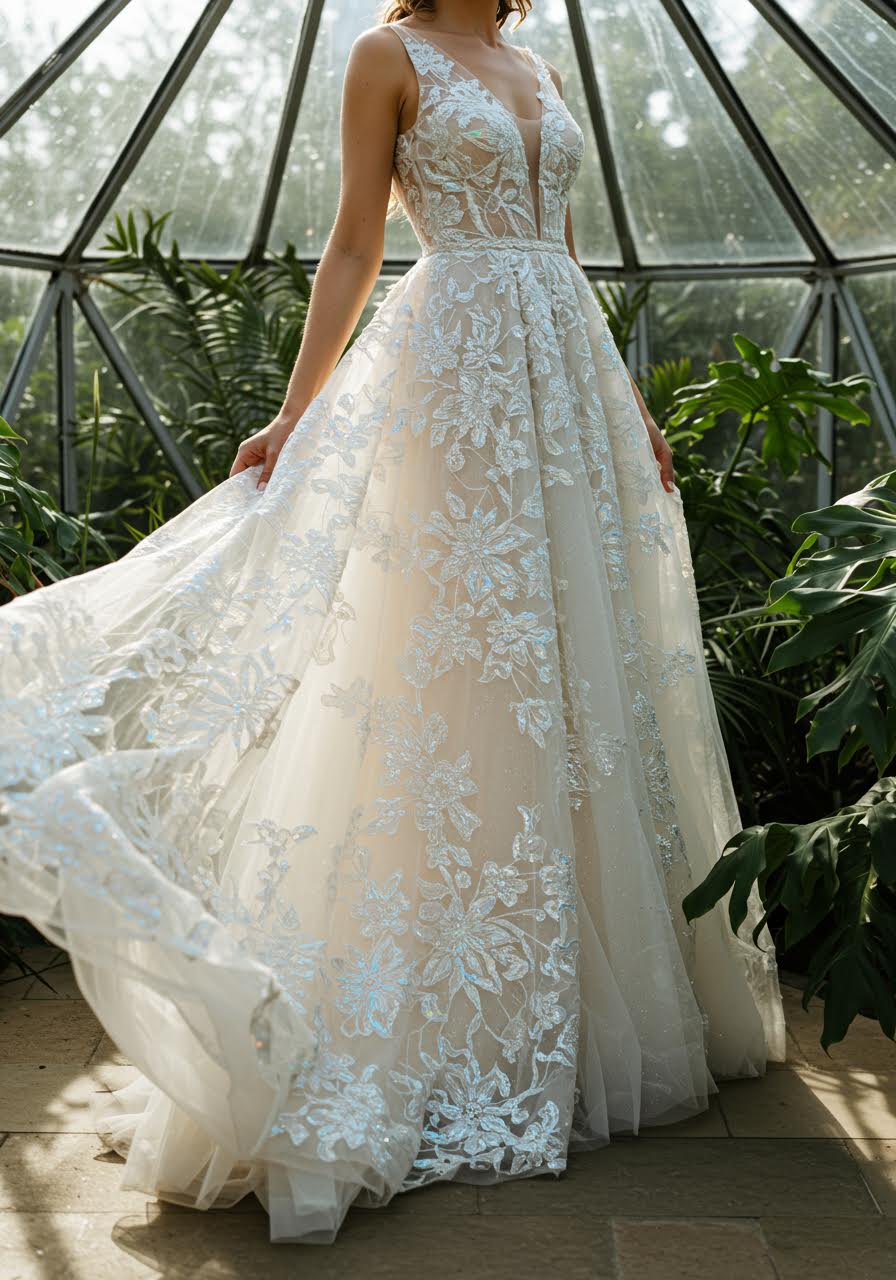 Futuristic bohemian bride in dress with metallic threading and holographic patterns in glass conservatory