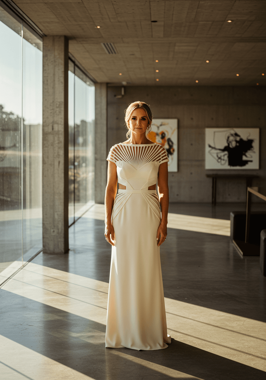 Mother of the bride in cream dress with bold geometric cutouts and architectural neckline in modern venue