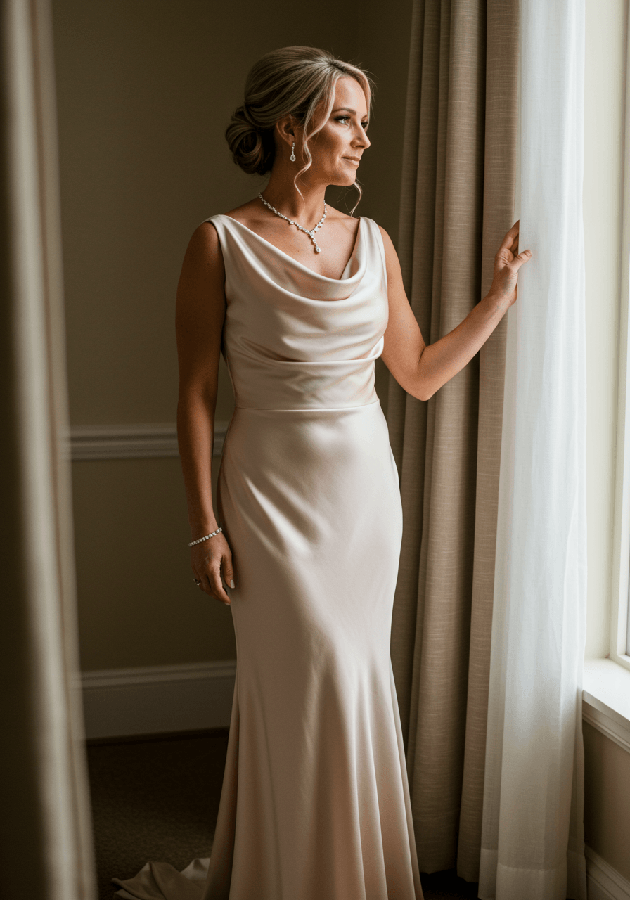 Close-up of mother adjusting delicate jewelry, showcasing beautiful cowl neckline draping
