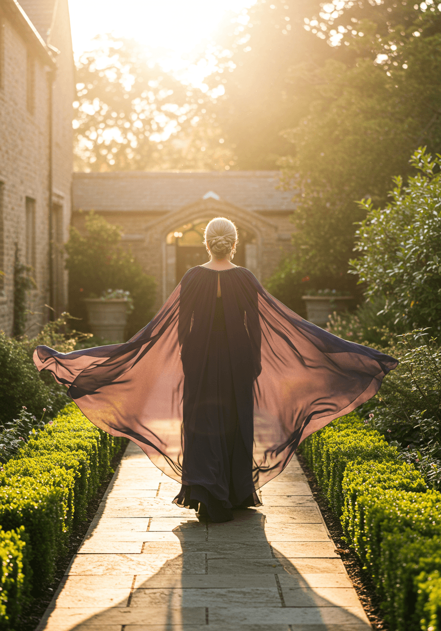 Mother of the bride in flowing cape-sleeve gown walking through sunlit garden courtyard