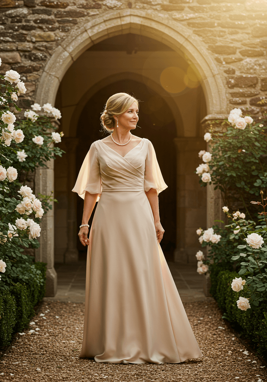 Close-up of champagne silk dress with white roses during golden hour garden portrait