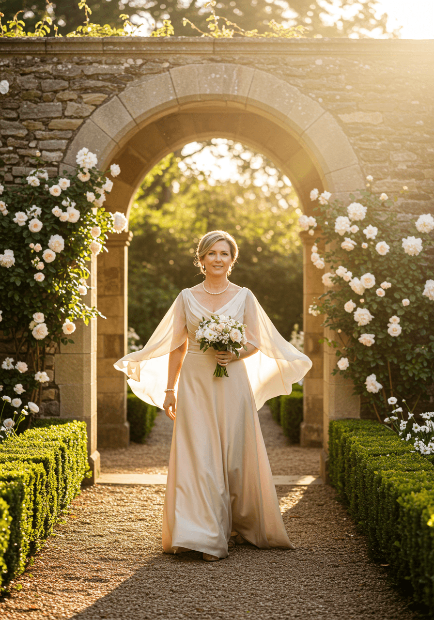 Mother of the bride in flowing champagne A-line dress walking through sunlit garden courtyard