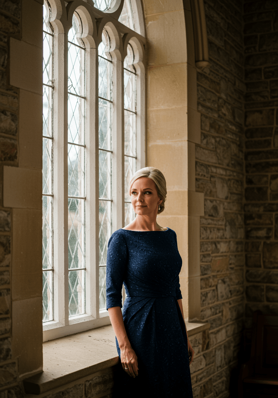 Mother of the bride in elegant navy boatneck gown standing gracefully by church window