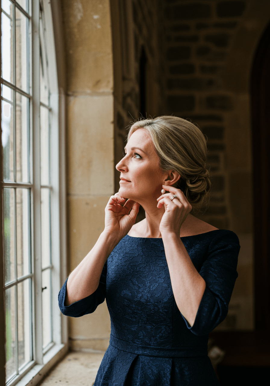 Close-up of mother adjusting pearl earrings, showcasing classic boatneck neckline detail