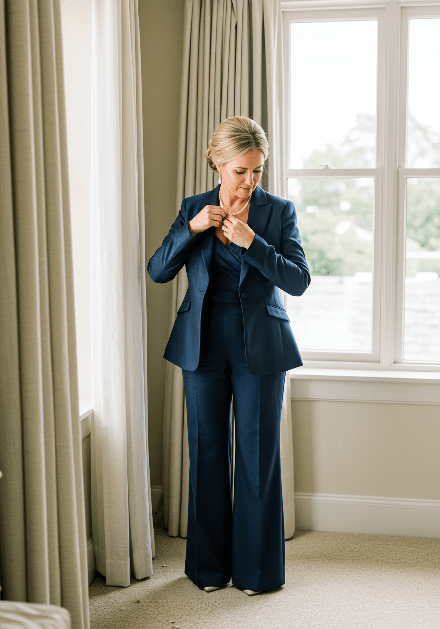 Mother of the bride in elegant navy blazer and wide-leg trousers adjusting pearl necklace by suite window