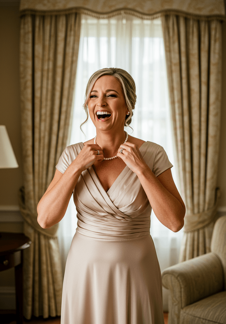 Joyful mother of the bride in luminous champagne V-neck dress adjusting pearl necklace in elegant suite