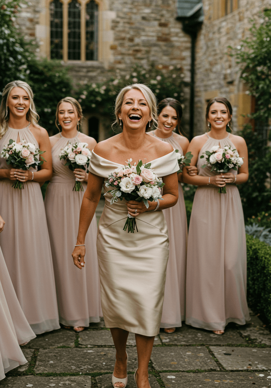 Close-up of mother in flowing champagne dress with off-shoulder detail in garden setting